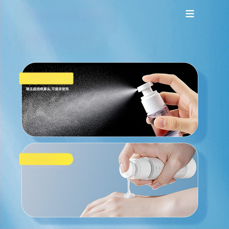 Vakuuma pudeļu pildīšanas pārnēsājamā smidzināšanas pudele emulsijas presei, caurspīdīga ceļošana ar mēroga kosmētikas pudeļu pildīšanas uzvalku