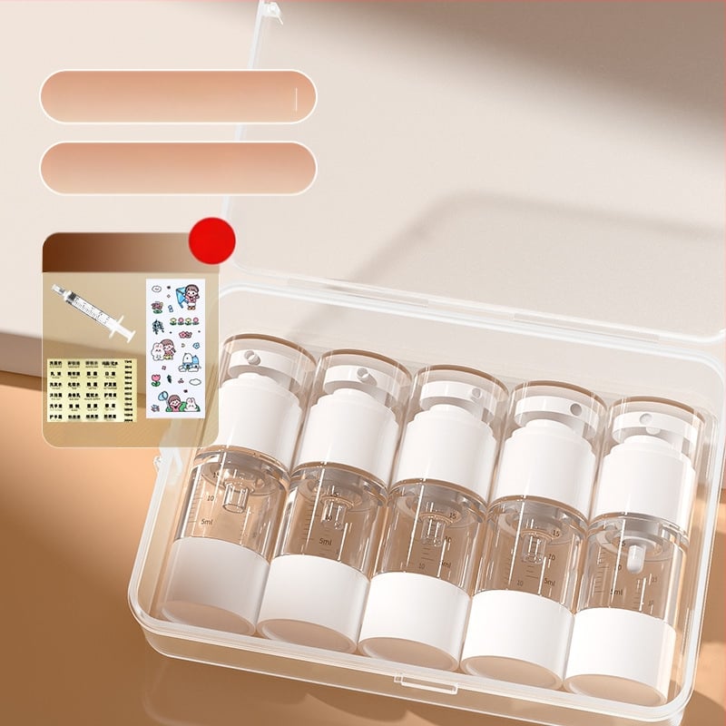 Vakuuma pudeļu pildīšanas pārnēsājamā smidzināšanas pudele emulsijas presei, caurspīdīga ceļošana ar mēroga kosmētikas pudeļu pildīšanas uzvalku