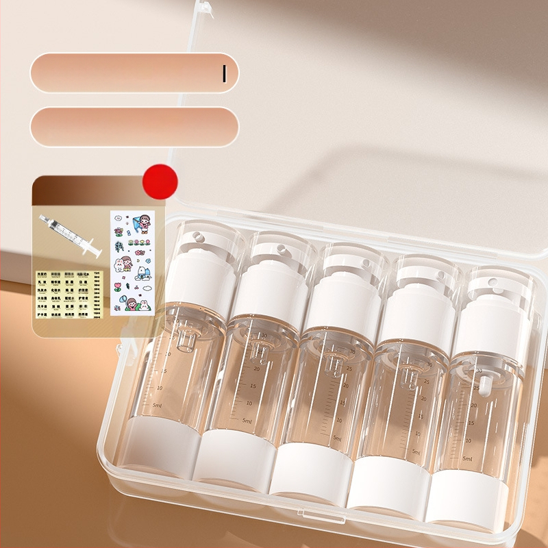 Vakuuma pudeļu pildīšanas pārnēsājamā smidzināšanas pudele emulsijas presei, caurspīdīga ceļošana ar mēroga kosmētikas pudeļu pildīšanas uzvalku