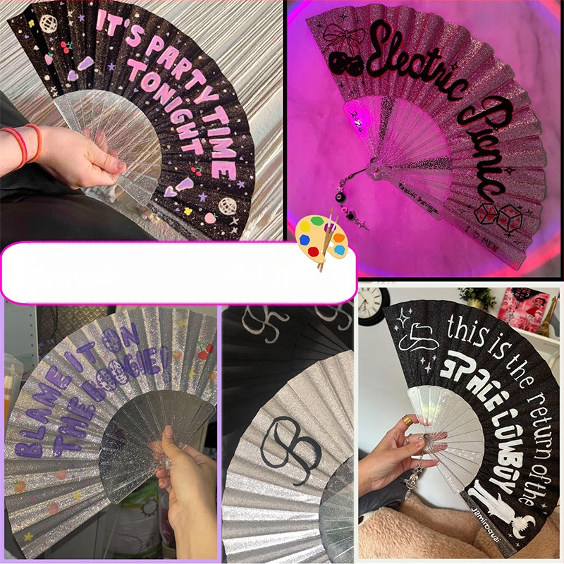 Piiriülene kuummüügis kokkupandav ventilaator, välklambiga pulberriie, läbipaistev plastventilaator, seitsmetolline peen naiste fännipidu tantsuventilaator