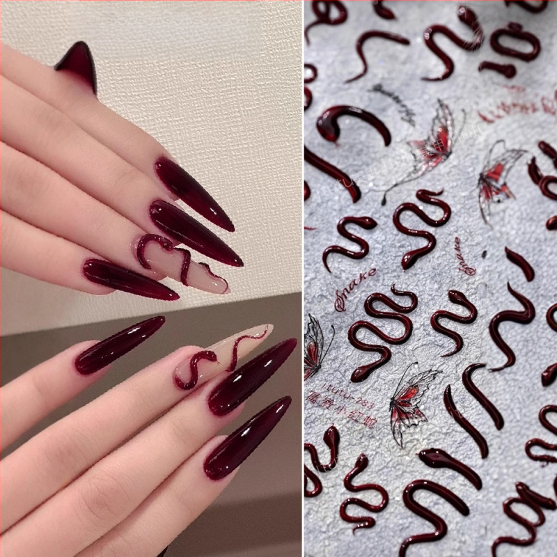 Uus Fugui väike punane madu reljeefne küünekunsti kleebis armas väike valge madu liblikas nutikas väike madu mao seljaliimiga küünekleebis