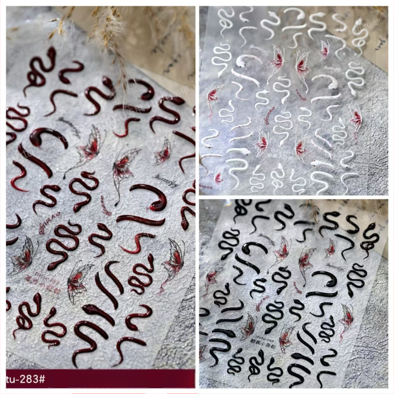 Uus Fugui väike punane madu reljeefne küünekunsti kleebis armas väike valge madu liblikas nutikas väike madu mao seljaliimiga küünekleebis