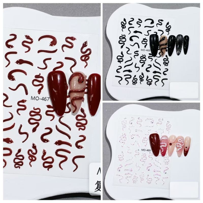 Uus Fugui väike punane madu reljeefne küünekunsti kleebis armas väike valge madu liblikas nutikas väike madu mao seljaliimiga küünekleebis