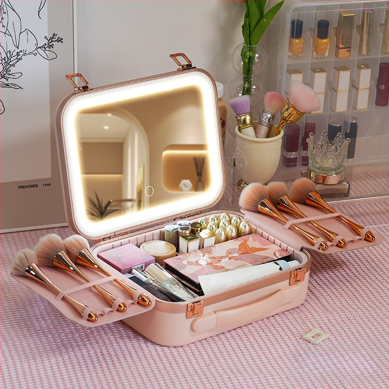 Meigikott lambiga peegliga LED-lambiga Professionaalne kaasaskantav reisikast suure mahutavusega kosmeetikatoodete hoiukarp meigikunstnikule