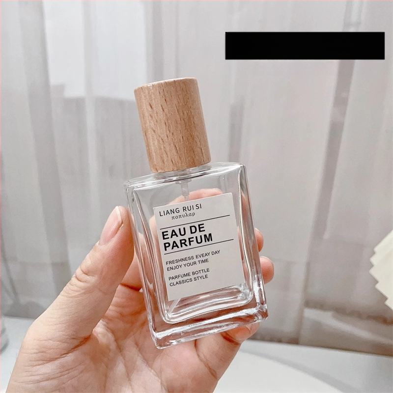 Kvepalų dozavimo buteliukas 30 ml Elegantiškas nešiojamas kosmetinis stiklinis buteliukas Medinis dangtelis Presuojamas purškiklis Skaidrus kvepalų buteliukas Tuščias buteliukas