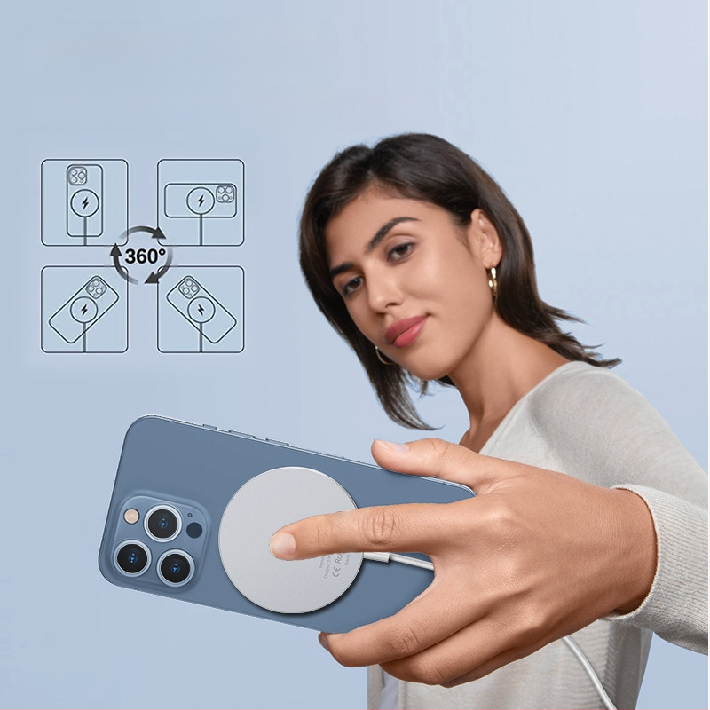 Piiriülene juhtmevaba laadija magnetilise imemiskinnitusega Magsafe 15W kiirlaadimine sobib alumiiniumsulamist kestaga mobiiltelefonidele ja kelladele juhtmevaba laadimine