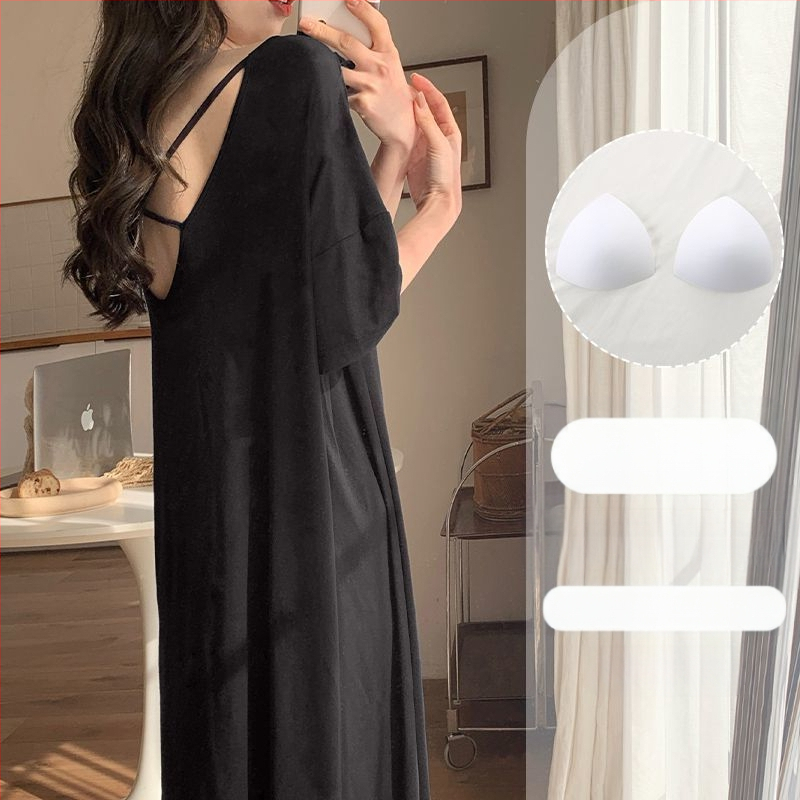 Naiste suvine modaalne jääsiidist seljata lühikeste varrukatega öösärk rinnapatjadega, seksikas ja kantav lahtine koduriietus