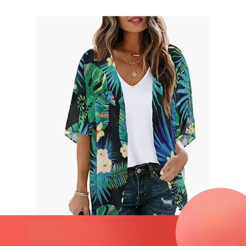 2023 Amazon Euroopa ja Ameerika piiriülene väliskaubandus Uus kuum šifoonist puhkusekardigan trükitud päikesekaitsekreemiga rannapluus