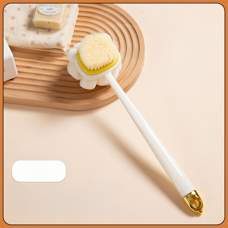 Pika käepidemega küürimishari kahepoolne pehmete karvadega silikoonist vannihari keha puhastamiseks vannihari selja hõõrumiseks artefaktihari hulgimüük