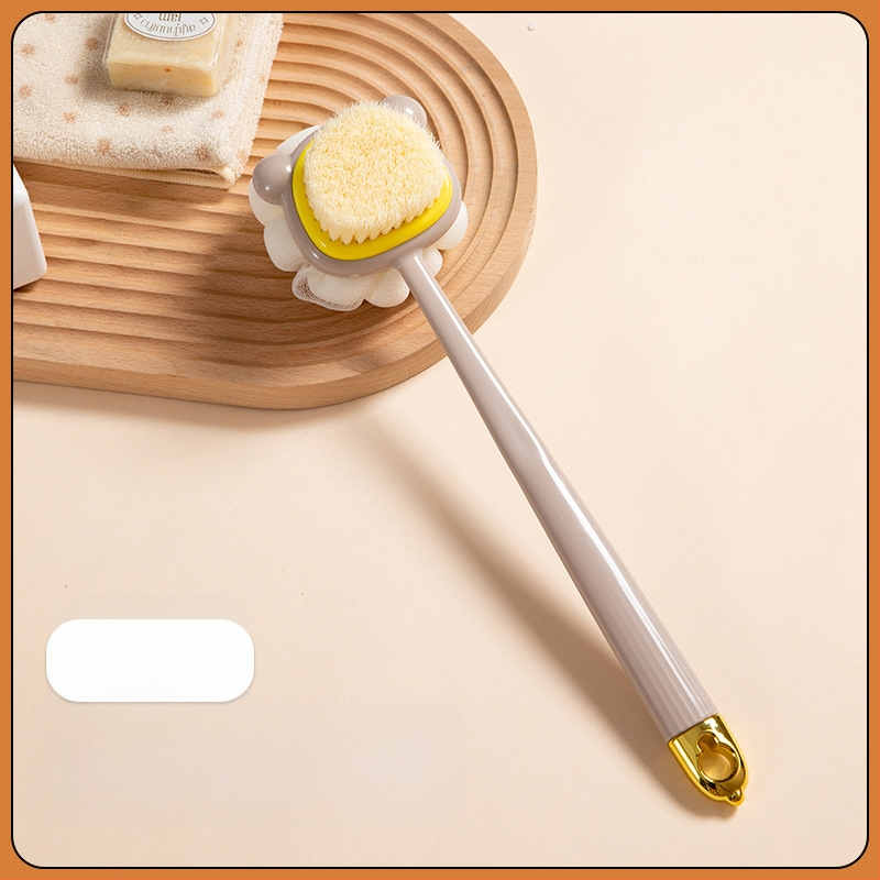 Pika käepidemega küürimishari kahepoolne pehmete karvadega silikoonist vannihari keha puhastamiseks vannihari selja hõõrumiseks artefaktihari hulgimüük