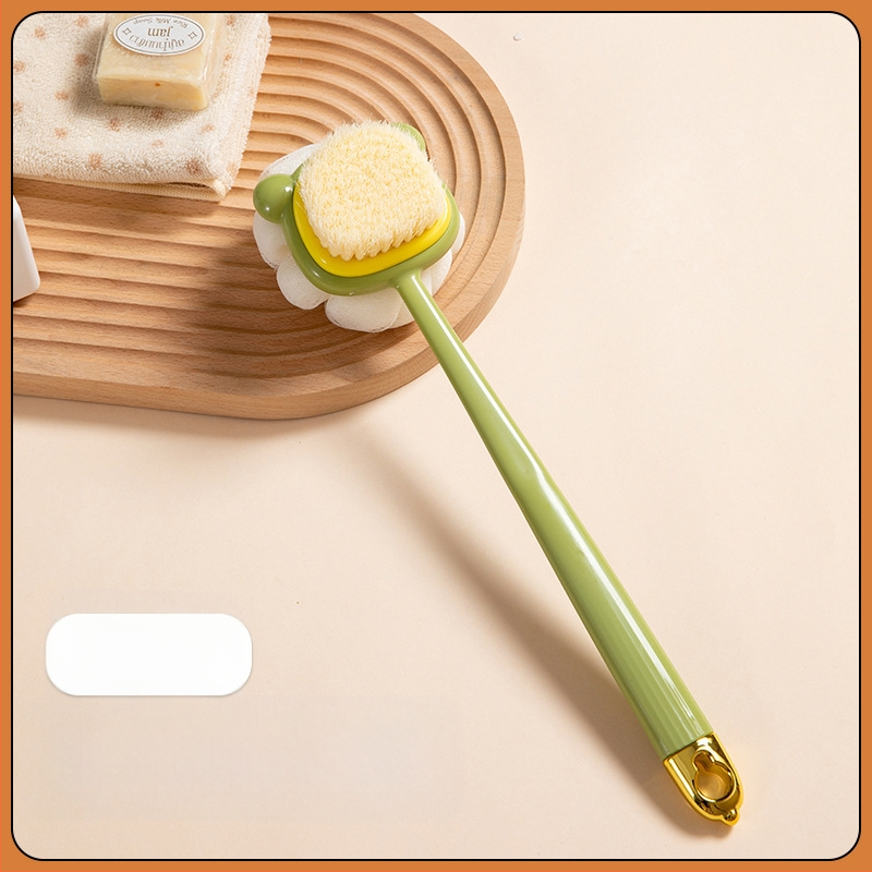 Pika käepidemega küürimishari kahepoolne pehmete karvadega silikoonist vannihari keha puhastamiseks vannihari selja hõõrumiseks artefaktihari hulgimüük