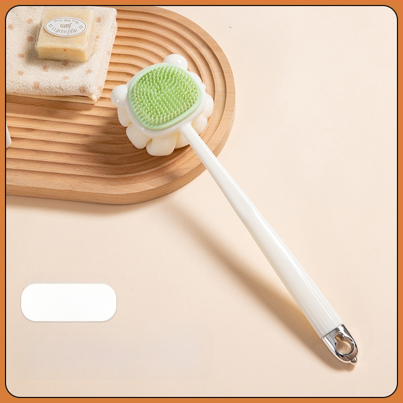 Pika käepidemega küürimishari kahepoolne pehmete karvadega silikoonist vannihari keha puhastamiseks vannihari selja hõõrumiseks artefaktihari hulgimüük