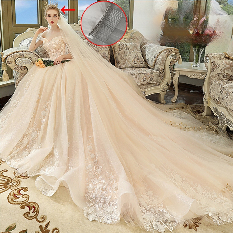 Žvaigždėto dangaus nuotakos pagrindinė vestuvinė suknelė baltas ilgas šampano spalvos uodegos šydas galvos apdangalas super fėjos stiliaus vestuvės retro