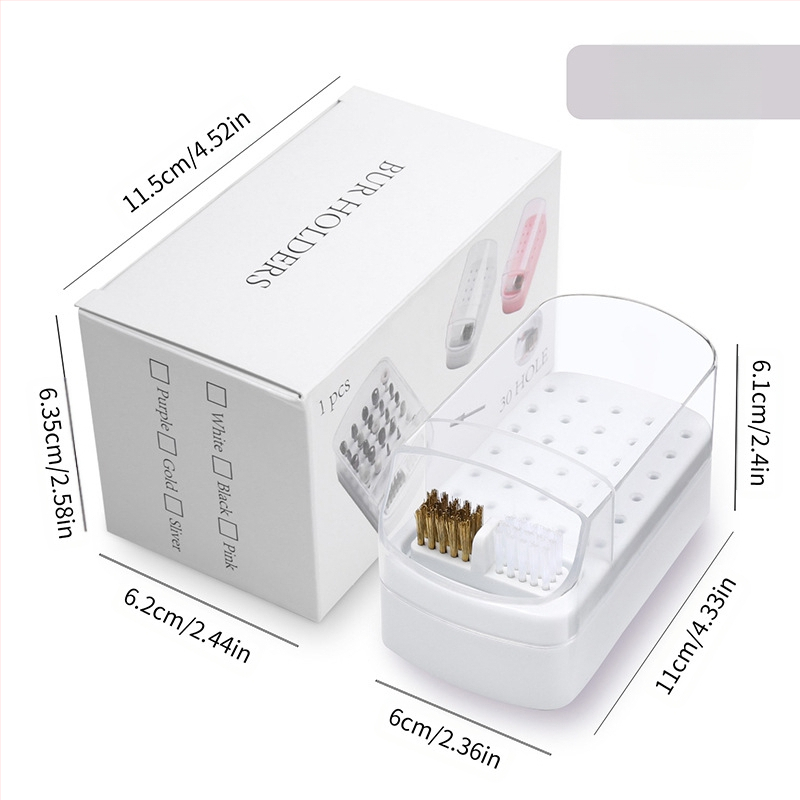 Sandėlyje yra 30 skylių poliravimo galvutės valymo dėžutė, 100 skylių kvadratinė nagų šlifavimo galvutė, dulkėms atsparus permatomas stovas.