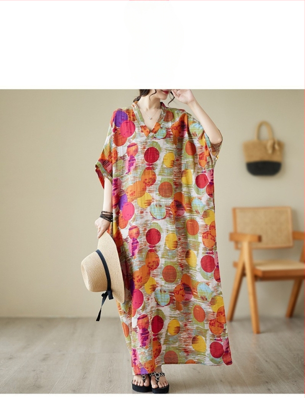 2025 m. naujo vasaros stiliaus literatūrinis didelio dydžio laisvas šventinio stiliaus V formos iškirptės trumpomis rankovėmis suknelė moteriškas paplūdimio sijonas ilgas sijonas