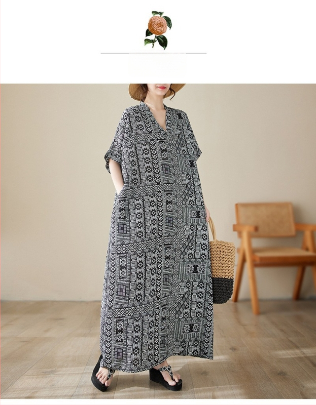 2025 m. naujo vasaros stiliaus literatūrinis didelio dydžio laisvas šventinio stiliaus V formos iškirptės trumpomis rankovėmis suknelė moteriškas paplūdimio sijonas ilgas sijonas