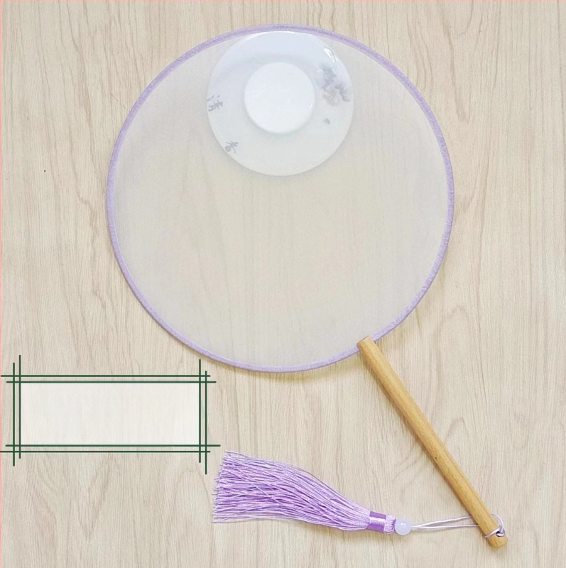 Traditsiooniline ümmargune lehvik tikandiaplikatsiooniga, käeshoitav lillelehvik, lehvikuribid, poolläbipaistev siiditaoline lehvikupind, ärikingitus