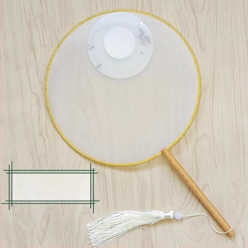 Traditsiooniline ümmargune lehvik tikandiaplikatsiooniga, käeshoitav lillelehvik, lehvikuribid, poolläbipaistev siiditaoline lehvikupind, ärikingitus