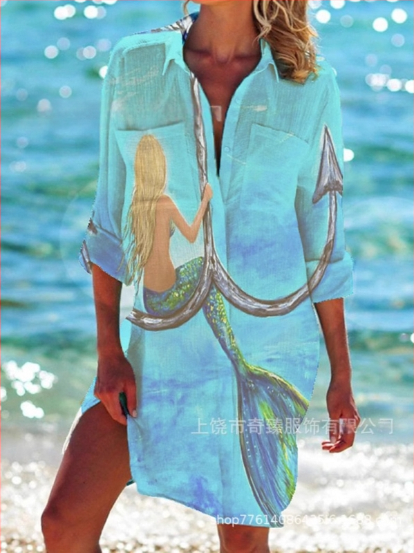 Ārējās tirdzniecības pārrobežu 2025. gada pavasaris un vasara. Jaunā Amazon neatkarīgās stacijas vislabāk pārdotā piejūras kūrorta stila krekls ar garām piedurknēm un atloku.