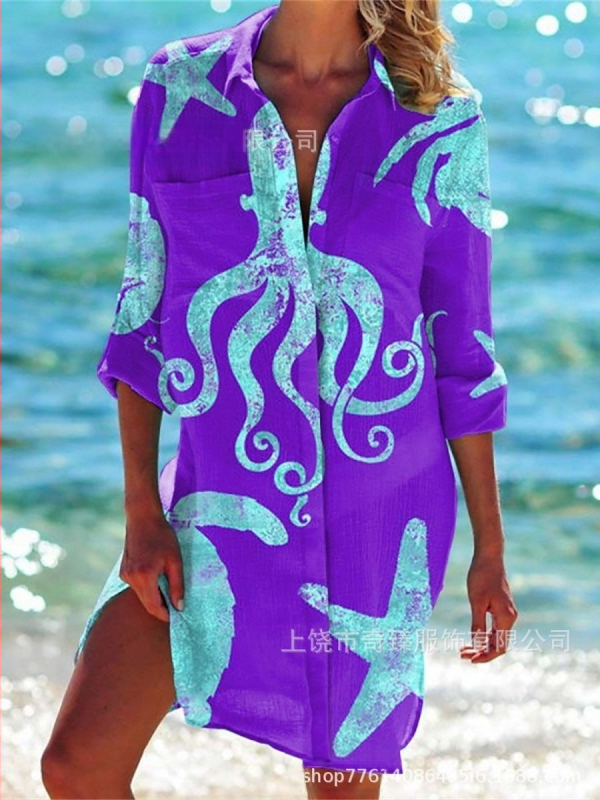 Ārējās tirdzniecības pārrobežu 2025. gada pavasaris un vasara. Jaunā Amazon neatkarīgās stacijas vislabāk pārdotā piejūras kūrorta stila krekls ar garām piedurknēm un atloku.