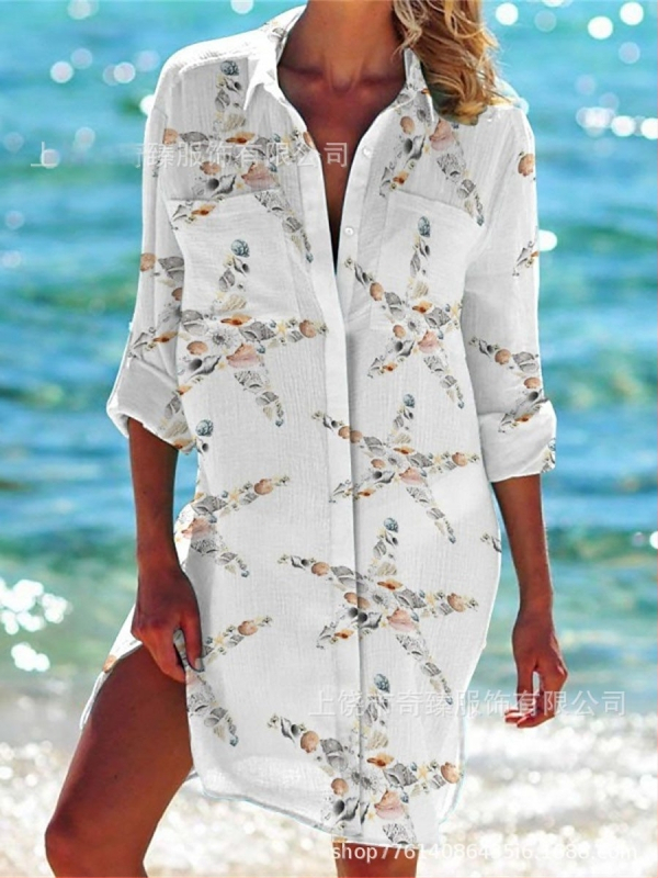 Ārējās tirdzniecības pārrobežu 2025. gada pavasaris un vasara. Jaunā Amazon neatkarīgās stacijas vislabāk pārdotā piejūras kūrorta stila krekls ar garām piedurknēm un atloku.