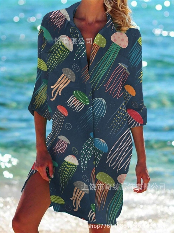 Ārējās tirdzniecības pārrobežu 2025. gada pavasaris un vasara. Jaunā Amazon neatkarīgās stacijas vislabāk pārdotā piejūras kūrorta stila krekls ar garām piedurknēm un atloku.