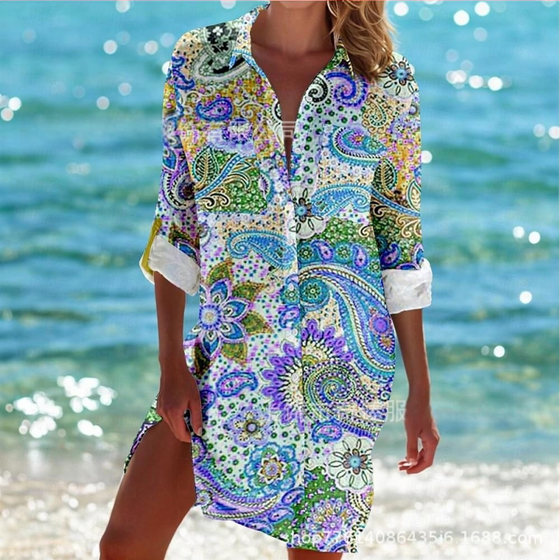 Ārējās tirdzniecības pārrobežu 2025. gada pavasaris un vasara. Jaunā Amazon neatkarīgās stacijas vislabāk pārdotā piejūras kūrorta stila krekls ar garām piedurknēm un atloku.