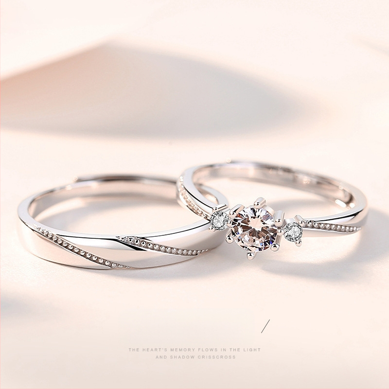 Ζευγάρι δαχτυλιδιών από ασήμι 925, κορεατικό στυλ Love at First Sight, ανοιχτά δαχτυλίδια, γεωμετρικός σχεδιασμός, επιφάνεια κοπής με διαμάντι