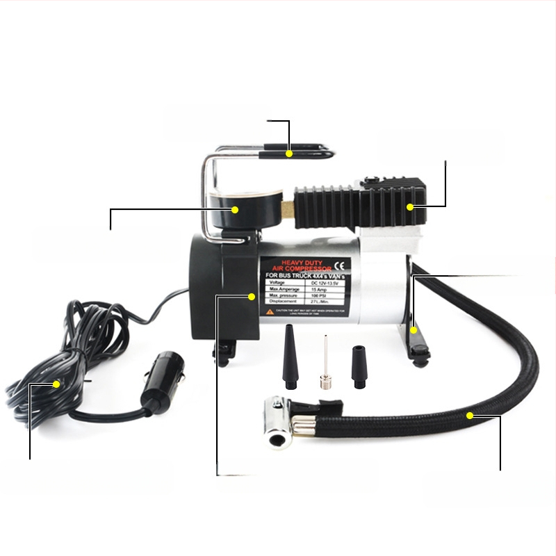 Kéthengeres autógumi-felfújó készülék, fémből készült házzal, 12V, 120W, légáramlás 35 L/min, 2,8 m tápkábel, cigarettagyújtóról üzemeltethető, nyomásmérővel