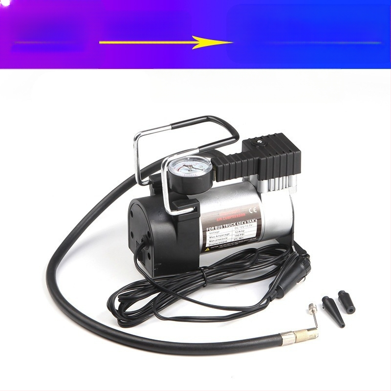 Kéthengeres autógumi-felfújó készülék, fémből készült házzal, 12V, 120W, légáramlás 35 L/min, 2,8 m tápkábel, cigarettagyújtóról üzemeltethető, nyomásmérővel