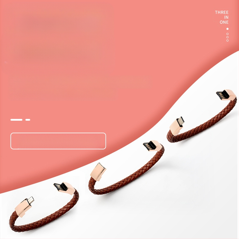 Duomenų kabelio apyrankė Apple/Huawei/Android — trys sąsajos (Lightning, Micro USB, Type-C); vieno galo jungtis; mezgimo medžiaga