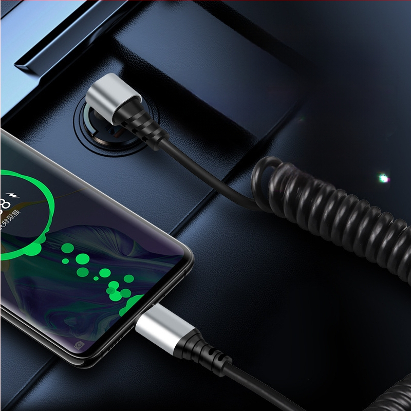 Automobilinis duomenų kabelis Type-C / Lightning su lenktu dizainu prieš lūžimą, ištraukiamas, 6A, grynas varis