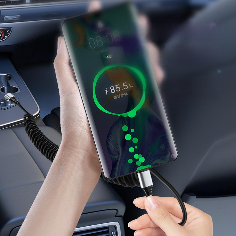 Automobilinis duomenų kabelis Type-C / Lightning su lenktu dizainu prieš lūžimą, ištraukiamas, 6A, grynas varis