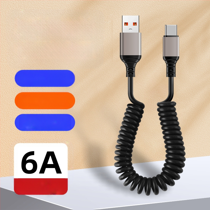 Автомобилен прибиращ се зареждащ кабел (Lightning и Type-C) 66W, 6A бързо зареждане, ТПЕ + алуминиев сплав