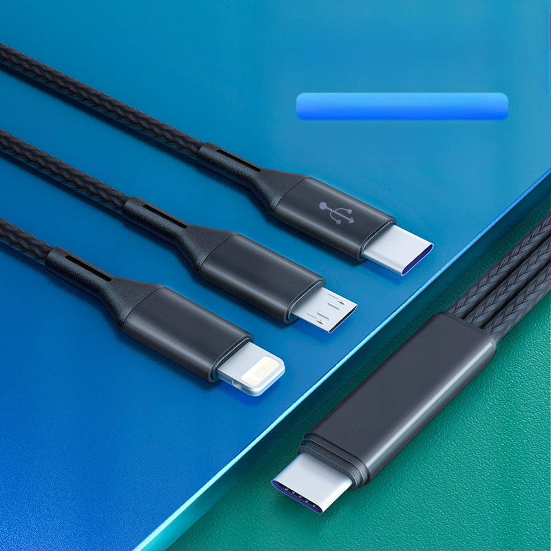 3-в-1 USB-C/Lightning/Micro USB плетен заряден кабел с PD бърз заряд, 22.5W, 1 към 3 разделители