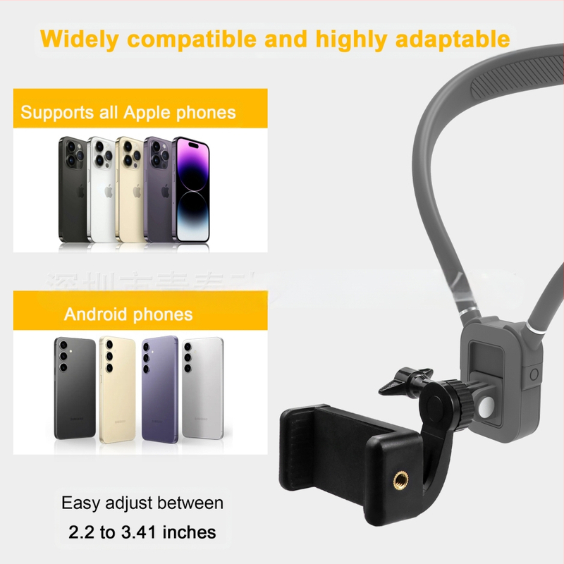 Държач за спортна камера и мобилен телефон за висящ монтаж около врата – първо лице перспектива, силиконов материал; комплект: държач, винтове, адаптер, клип за телефон