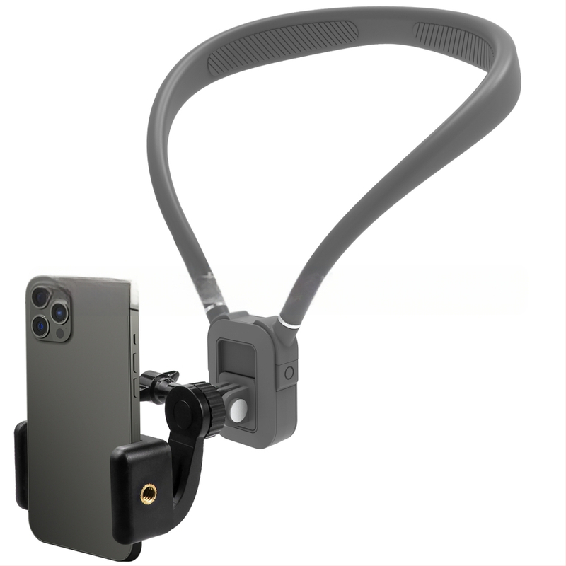 Държач за спортна камера и мобилен телефон за висящ монтаж около врата – първо лице перспектива, силиконов материал; комплект: държач, винтове, адаптер, клип за телефон