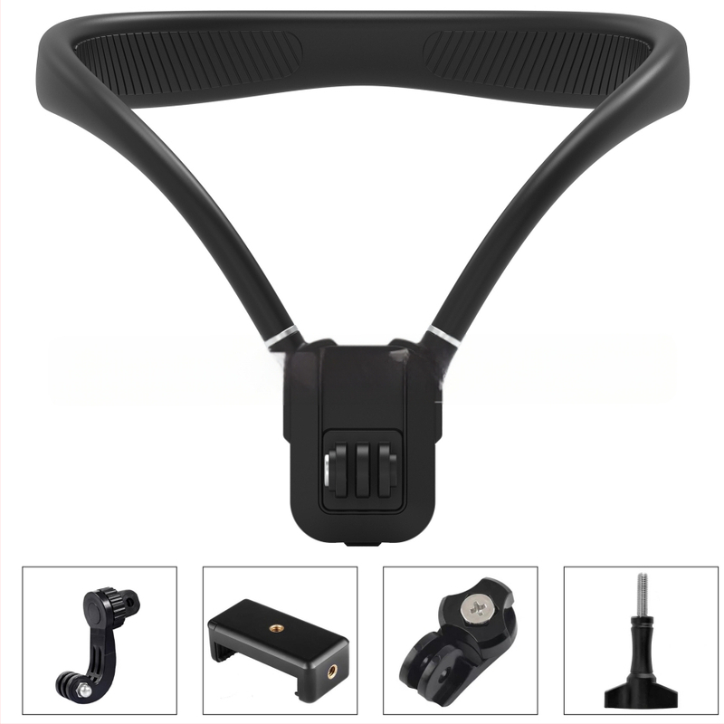 Държач за спортна камера и мобилен телефон за висящ монтаж около врата – първо лице перспектива, силиконов материал; комплект: държач, винтове, адаптер, клип за телефон