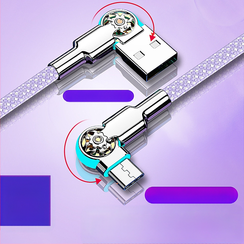 3‑в‑1 кабел за бързо зареждане и пренос на данни USB-C/Lightning/Micro-USB, двойно завъртане на ъгъла, тъкан материал, едно гнездо