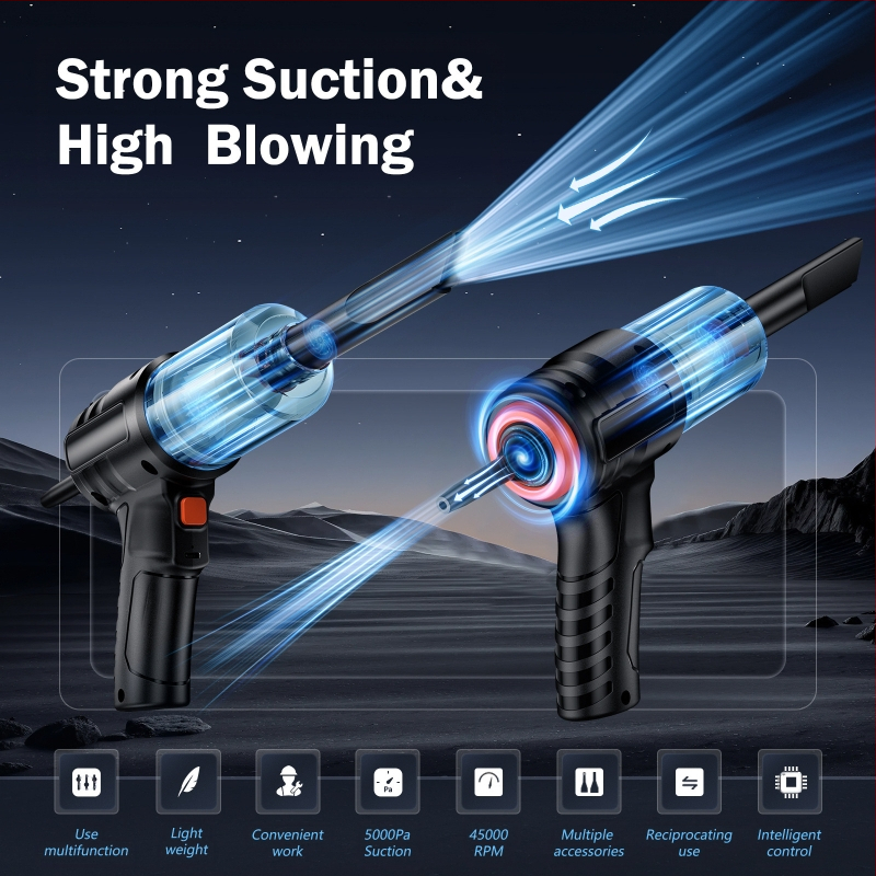 Bezvadu rokas putekļsūcējs mājām un auto — 25 W, līdz 2000 Pa, iekšējā akumulatora jauda 1600–2000 mAh, plakanais uzgalis, darbība 3–6 h