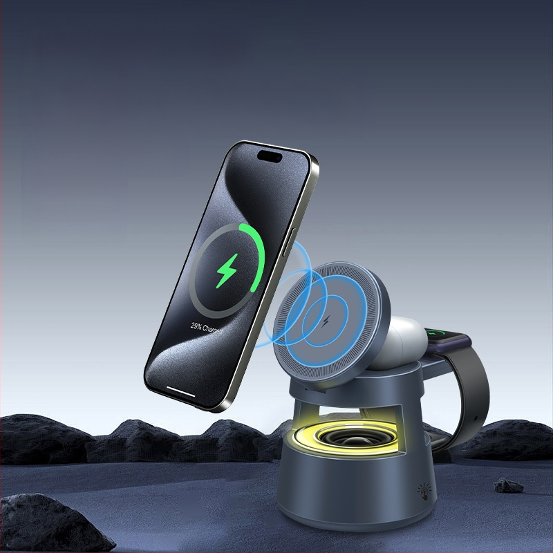 Magnetinis 5-in-1 belaidis įkroviklis Apple įrenginiams, QC3.0 greitas įkrovimas, magnetinis įkrovimas, bendroji galia 20W, išvesties galia 10W, CE/FCC/ROHS sertifikatai