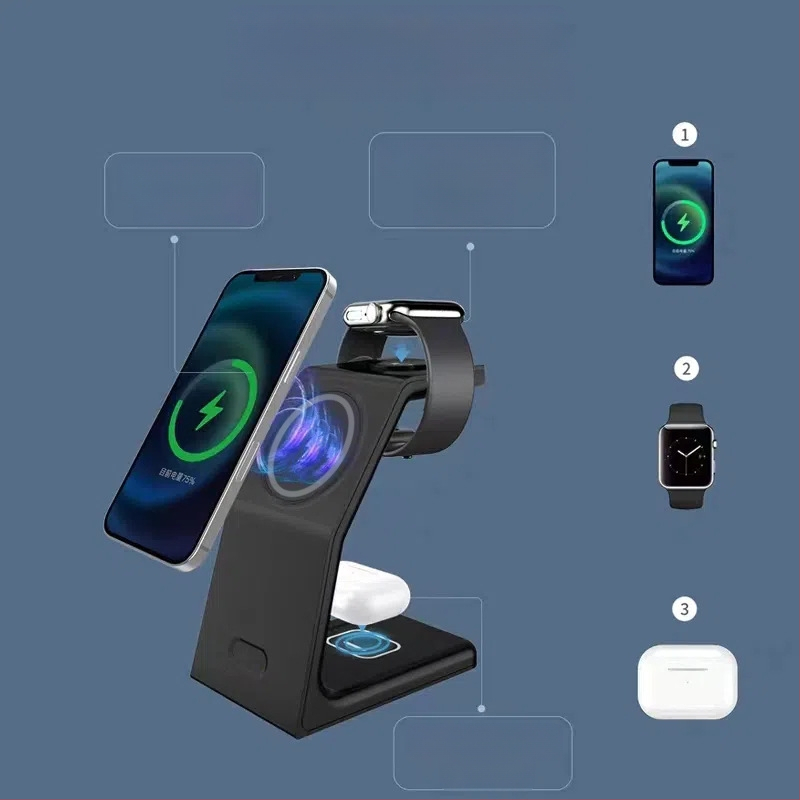 3-в-1 магнитно безжично зарядно за бързо зареждане, 15W изход, QC3.0, съвместимо с Apple Watch и MagSafe слушалки