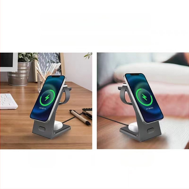 3-в-1 магнитно безжично зарядно за бързо зареждане, 15W изход, QC3.0, съвместимо с Apple Watch и MagSafe слушалки