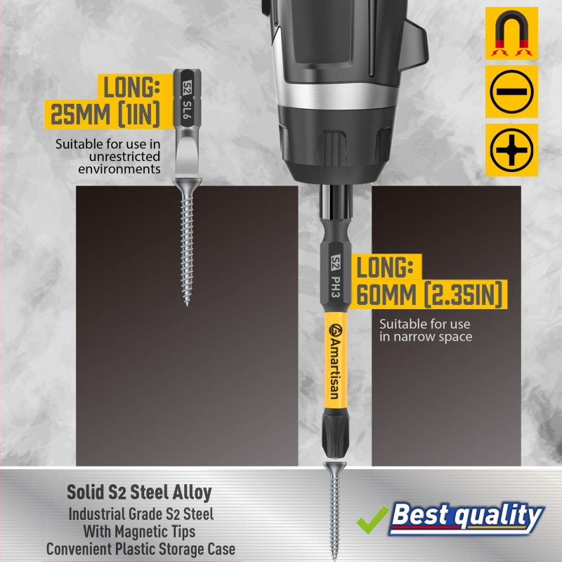 Amartisan 24 dalių magnetinis atsuktuvų ir grąžtų bitų rinkinys iš S2 plieno – plokščiojo ir kryžminio (PH) tipo bitai