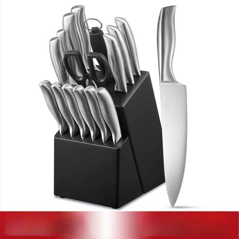 Nerūdijančio plieno virtuvinių peilių rinkinys su tuščia rankena, 16 vnt., medinis peilių laikiklis, 3Cr13 plienas