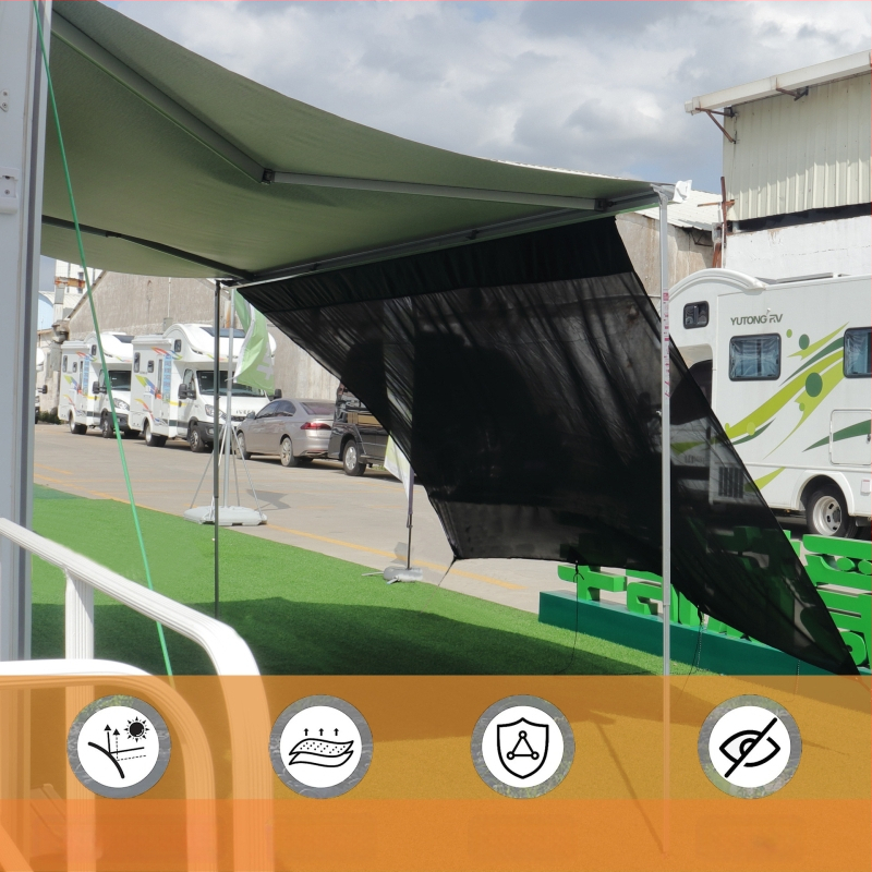Drapă de plasă de umbrire pentru trailer, RV și camper — PVC, instalare încorporată, proiectată pentru acoperiș, imprimare logo disponibil, personalizabil