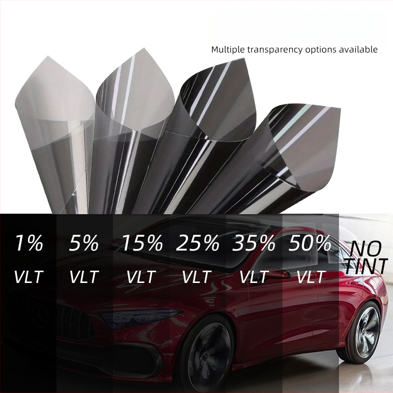 Automobiļu stiklu saules filma, PET materiāls, UV aizsardzība 80–99%, siltuma izolācija 25–55%, gaismas caurlaidība 1–50%, filmas biezums 1 mil