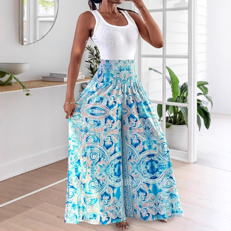 Kelnės su aukštu liemeniu, reguliuojamas juosmuo, plačios kojos su A linijos siluetu, vienos spalvos poliesterio audinys, pavasaris 2024