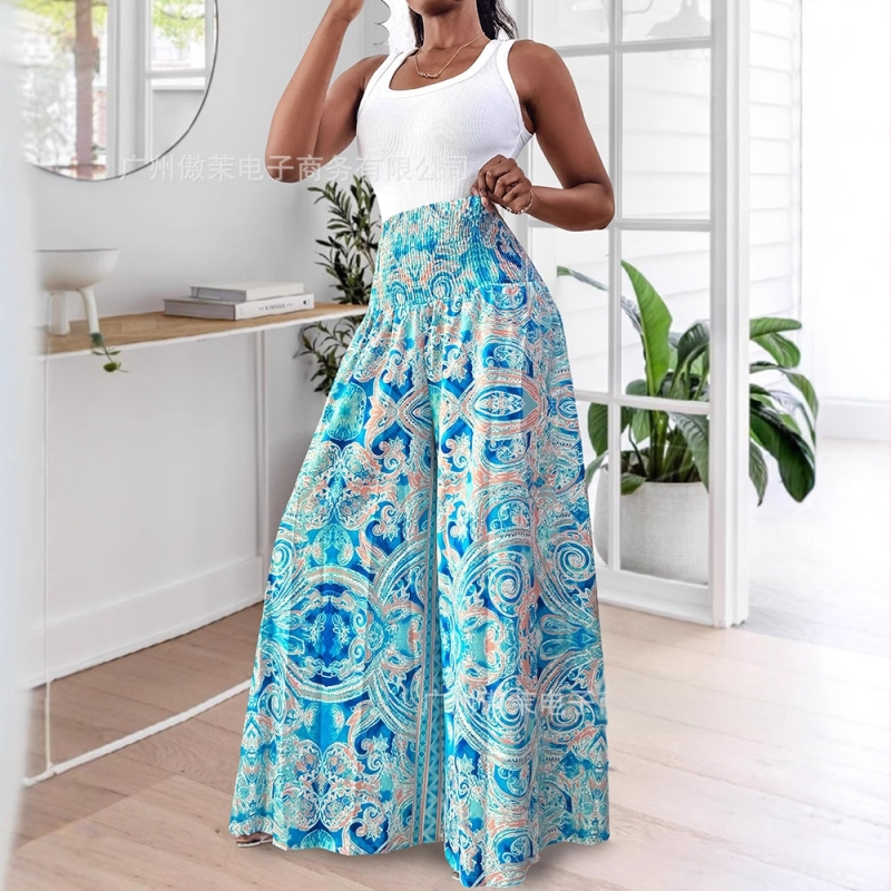 Kelnės su aukštu liemeniu, reguliuojamas juosmuo, plačios kojos su A linijos siluetu, vienos spalvos poliesterio audinys, pavasaris 2024