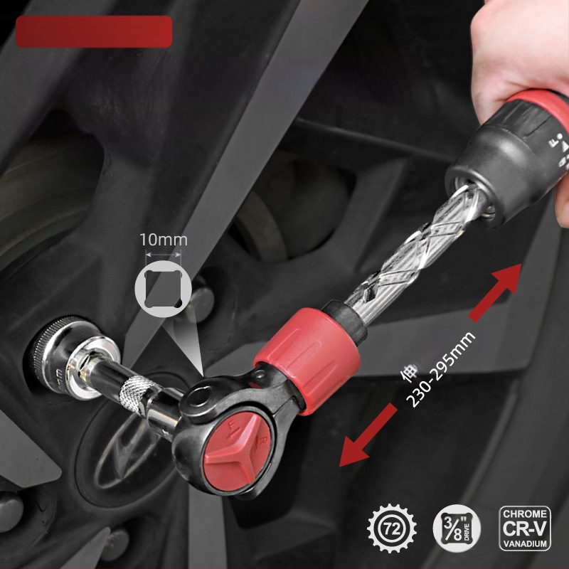 Hi-Spec регулируем тресчотен ключ с телескопична глава, 3/8 инча квадратна глава, хром ванадий стомана, черно покритие, Imperial формат, индустриален клас